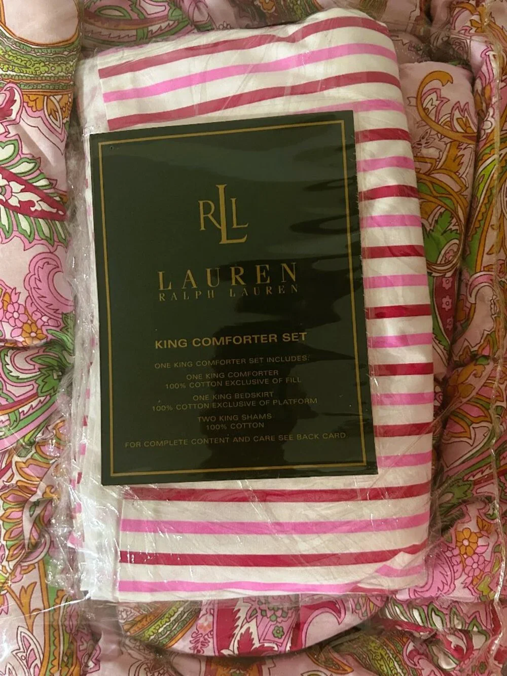 4pc~KING sz Comforter Set~vintage Ralph Lauren pink orange green paisley COTTON